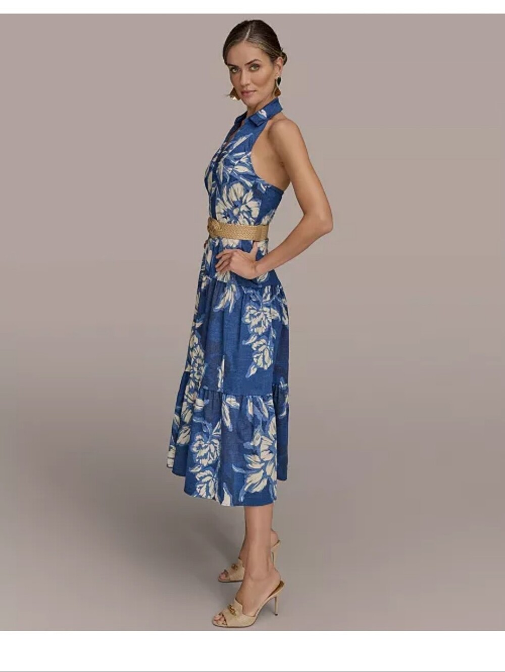 Donna Karan New York Halter Maxi Dress 16 Blue Floral Belted Resort NWT $199 - Picture 3 of 13